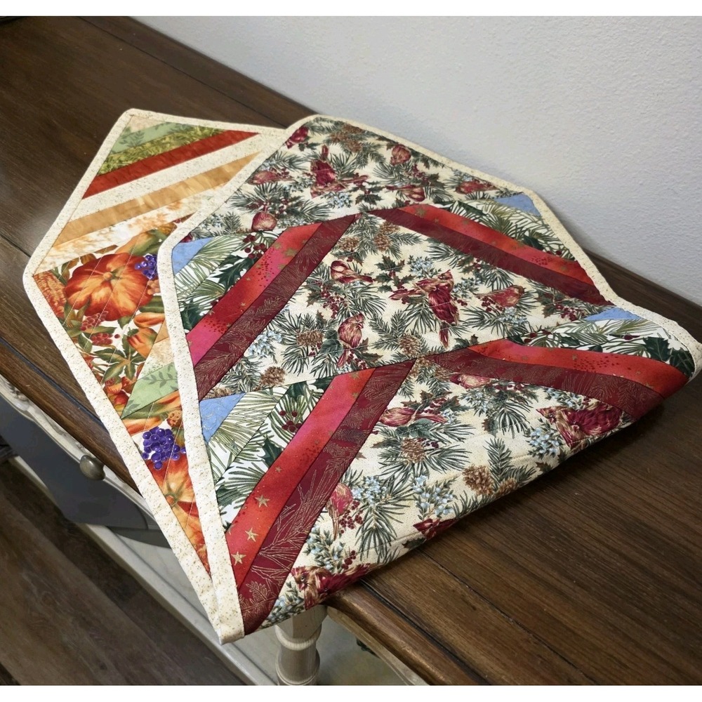 Reversible Christmas Thanksgiving Quilted Table Runner Handmade 14.5x40